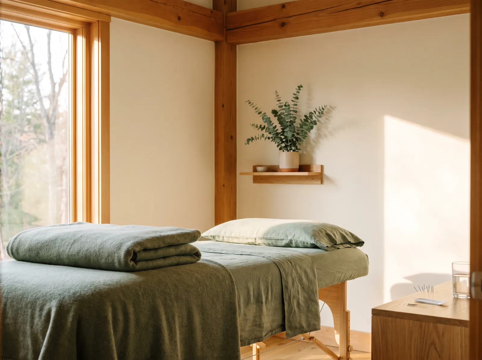 A calm, minimalist treatment room with sage linens and eucalyptus