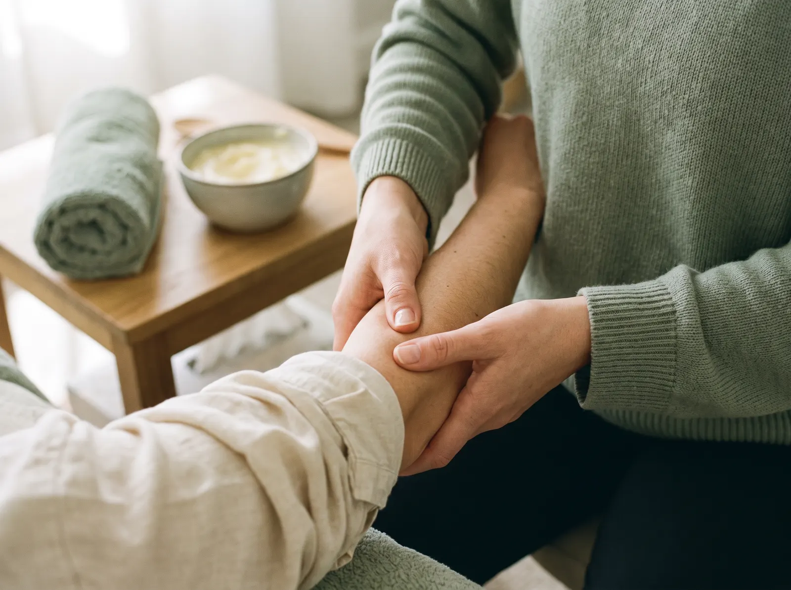 Hands applying deep tissue massage technique to a patient's arm